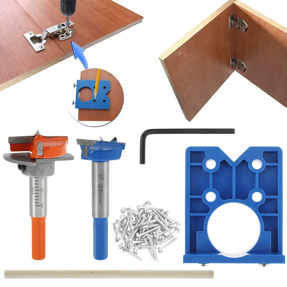 

Hinge Hole Drilling Guide Locator Hinge Drilling Jig Drill Bits Woodworking Door Hole Opener Cabinet Accessories Tool