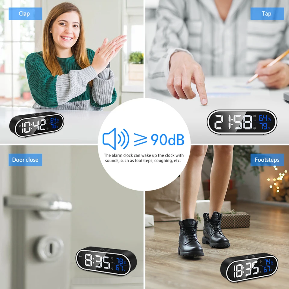 Светодиодный зеркальный будильник часы Сенсорный экран цифровые звуки