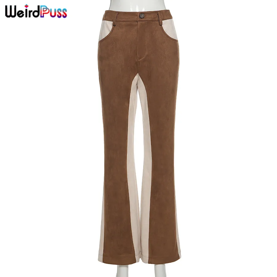 

Weird Puss 90s Indie Y2K Straight Pants Women Brown&Khaki Patchwork Vintage High Waist Baggy Flares Pocket Streetwear Trousers
