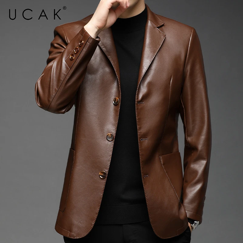 

UCAK Brand Men's Turn-down Collar Leather Jacket Clothes Business Casual PU Jacket Leater Polyester Liner Zipper Clothing U8280