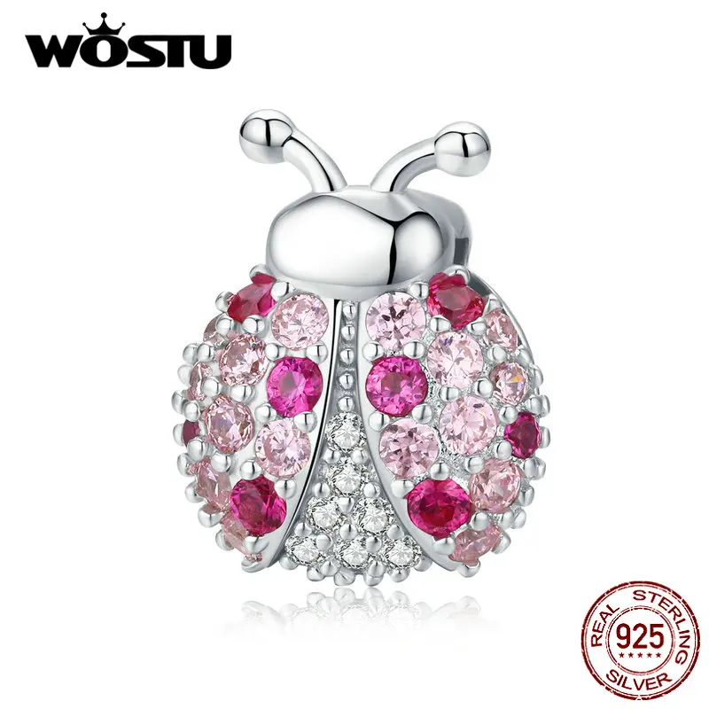 WOSTU, 925 пробы, серебряные бусины «божья коровка», розовый циркон, шарм, подходит к оригинальному браслету и браслету, хорошее серебро, 925 ювелирные изделия CQX104
