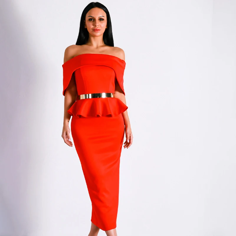 

pink short sleeve newest 2019 off the shoulder ruffle midi split slash neck bandage dress