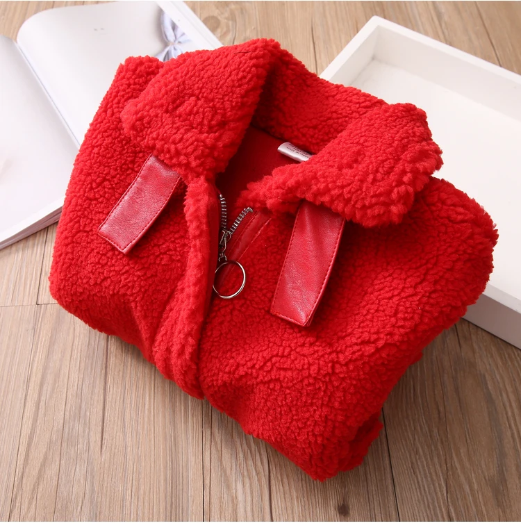 

2021 New Red Winter Lamb Wool Coat for Girls Kids Plus Velvet Jackets for 2-8 Years Olds Thicken Fleece Pockets Coats