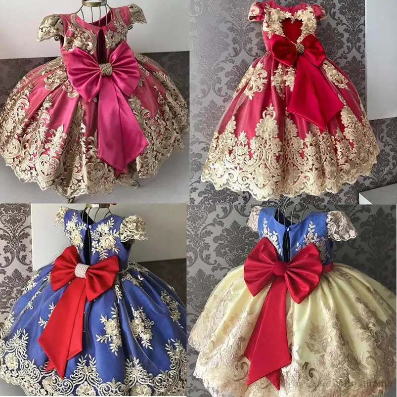 

Girl Dress Headbands 2Pcs Lace Short Sleeve Bowknot Princess Dresses 1st Birthday Dress For Baby Girl Formal Dresses Clothes