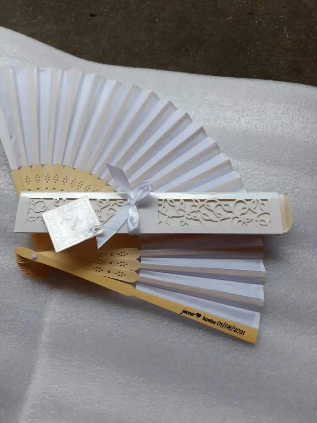 

15 pcs Personalized Engraved Luxurious Silk Fold hand Fan in Elegant Laser-Cut Gift Box +Party Favors/wedding Gifts+printing