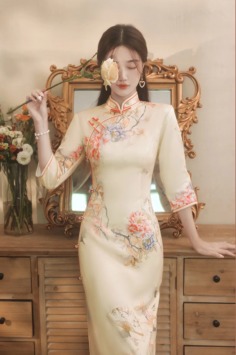 

Женское длинное ретро платье Ципао, элегантное традиционное платье в китайском стиле с цветочным принтом, восточное платье