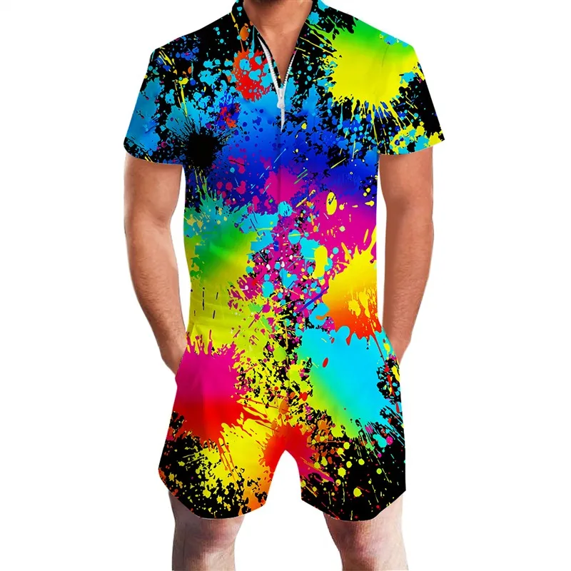 painting New Mens Rompers 90s Jazz Solo 3D Paper Cup Printed Jumpsuit Harem Cargo Overalls Summer Hip-Hop Casual Bibs Pants Dropship - Цвет: painting