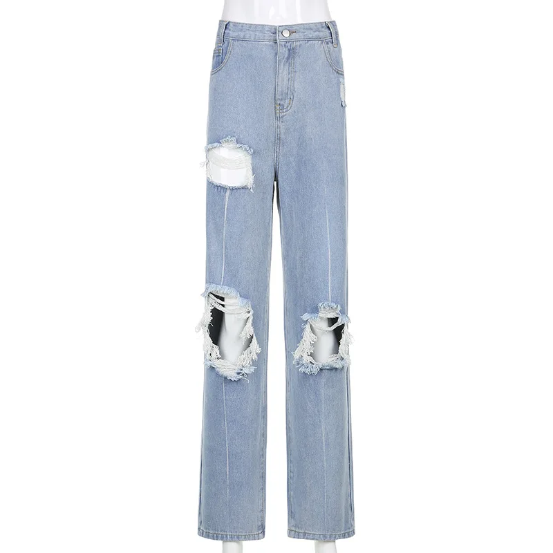 

Helisopus 2021 New Blue Straight Pants Women Sexy High Waist Ripped Harajuku Long Trousers Ladies Streetwear Denim Pants Capris