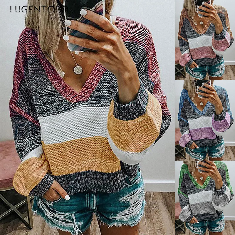 

Lugentolo Women V neck Sweater Multi-Color Striped Knitted Casual Loose Long Sleeve Lady Pullover All-match Sweaters