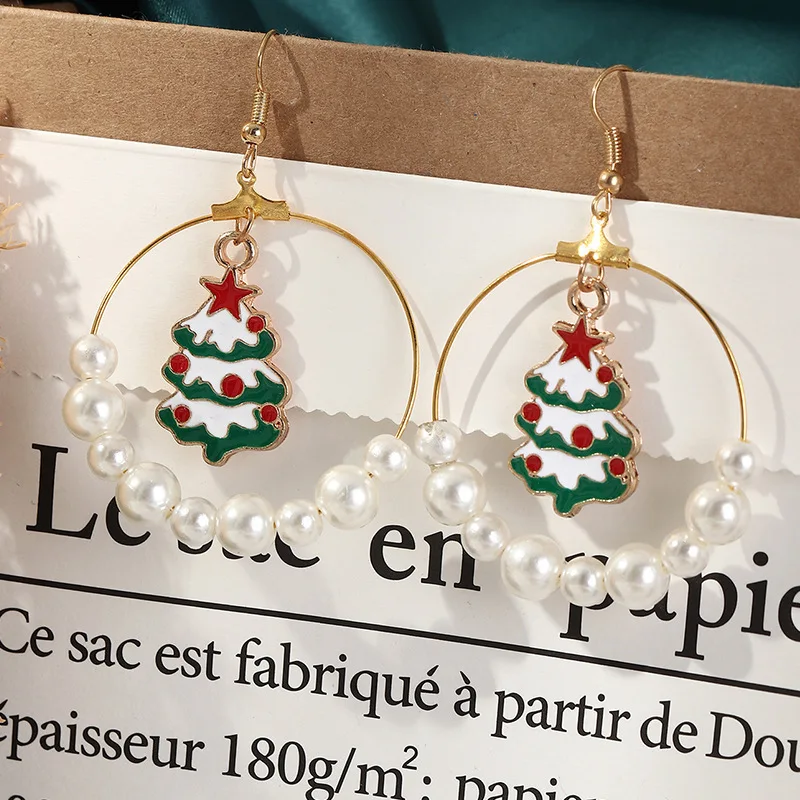 

Linmouge Christmas Tree Wreath Gift Box Santa Claus Snowman Deer Earrings For Women Big Long Round Circles Earings Jewelry EF45