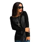 Весна 2021, женские футболки с длинным рукавом, повседневный Свободный Топ с круглым вырезом для женщин, кожаная футболка в стиле пэчворк