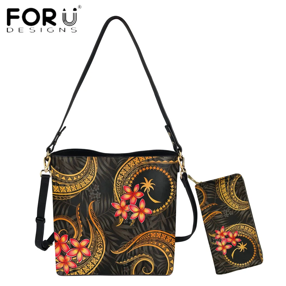 

FORUDESIGNS Hot Style Female Handbag And Purse Hawaii Chuuk Polynesian Plumeria Tribal Print Luxury PU Leather Bucket Bolsas