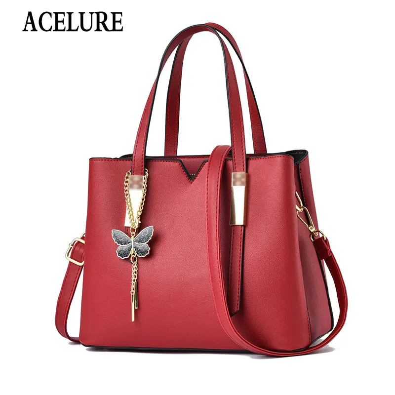 

ACELURE Butterfly Pendant Elegant Ladies Handbags Shopping Bags Fashion Solid PU Leather Zipper Shoulder Messenger Bags Women