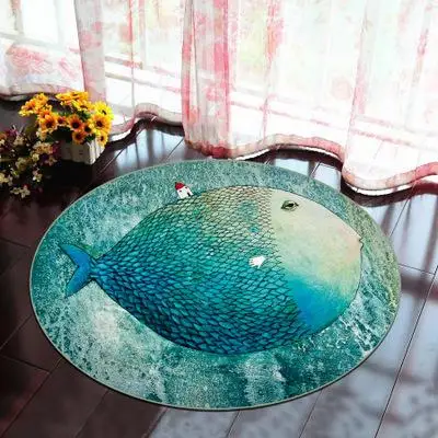 

3D printing big fish with flowers palm leaf pattern non-slip round carpet floor mats bedroom living room home decoration
