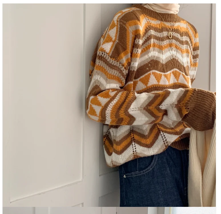 В дырочку свободного покроя контрастных цветов Длинные рукава Круглый воротник вязаный свитер от AliExpress RU&CIS NEW