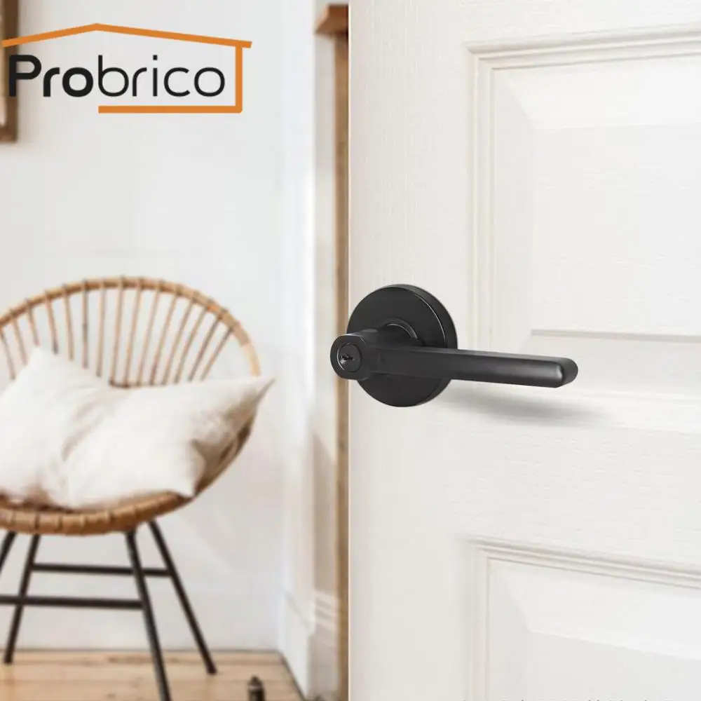 Probrico black handles for interior doors Modern front back levers with lock cylinder Entrance Lock Bedroom wooden door hardware |