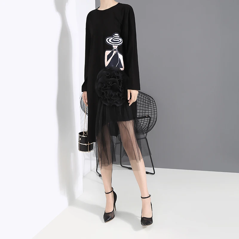Новинка 2019 женское осеннее черное платье с принтом в Корейском стиле Сетчатое