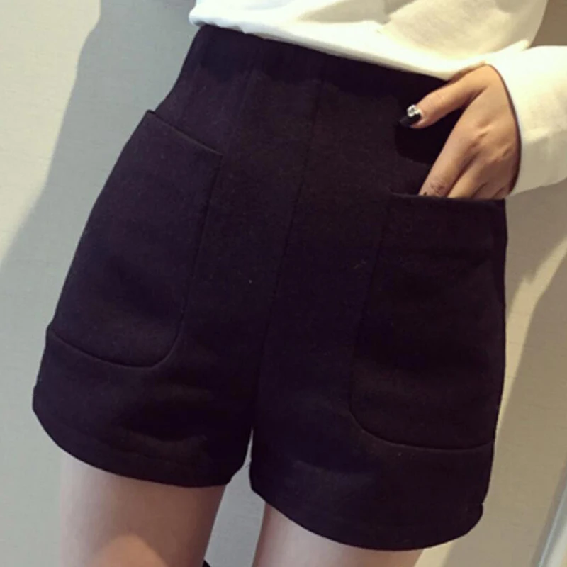 

New Women Shorts Autumn And Winter High Waist Shorts Solid Casual Loose Thick Warm Elastic Waist Straight Booty Shorts Pockets