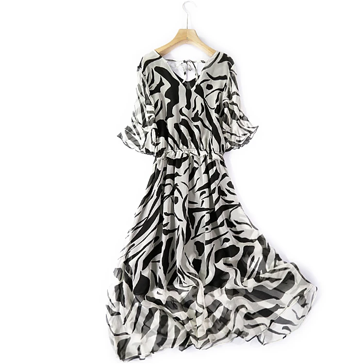 

SHUCHAN Fashion Natural Silk Dresses for Women Vintage Ankle-Length High Street V-Neck Summer A-Line Print Half Sleeve