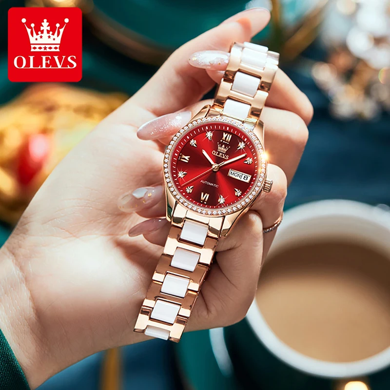 

OLEVS Top Brand Luxury Diamond Fashion Ceramic Automatic Mechanical Watch Ladies Red Dial Week Calendar Waterproof Watch 6637