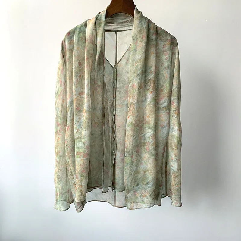 

2021 New Ribbon Collar Monet Garden Silk Printed Women's Light Silk Shirt