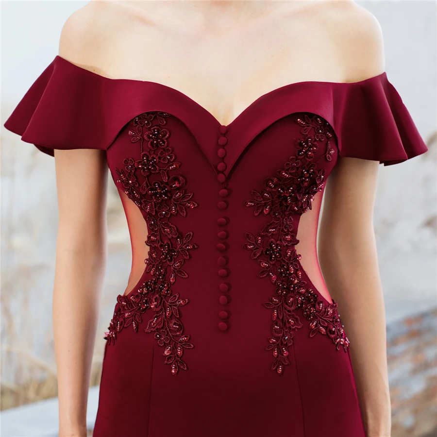 Burgundy Mermaid Evening Dresses It's Yiiya DX265 Boat Neck Plus Size Robe De Soiree Elegant Ruflles Off Shoulder Gown | Свадьбы и