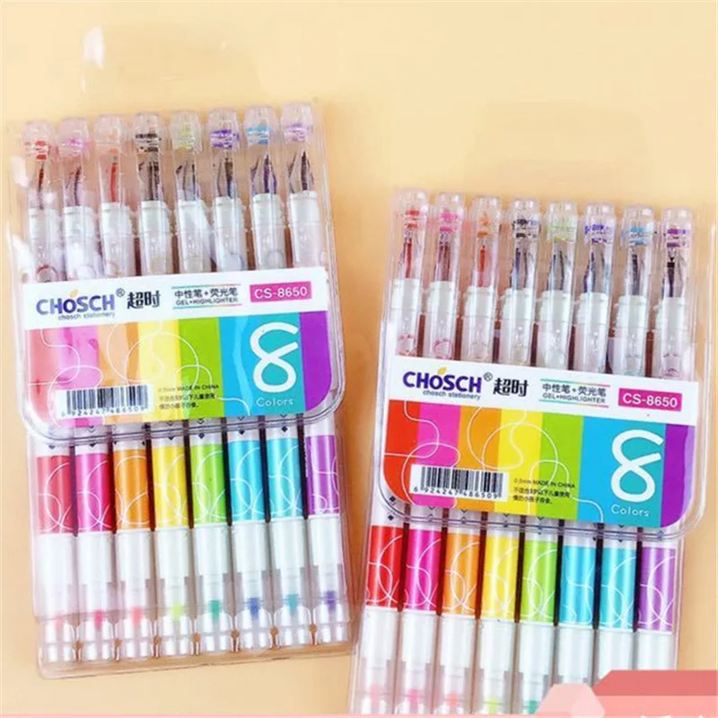 Kawaii 8 цветов гелевая ручка Милая двухголовая и хайлайтер Новинка нейтральная для