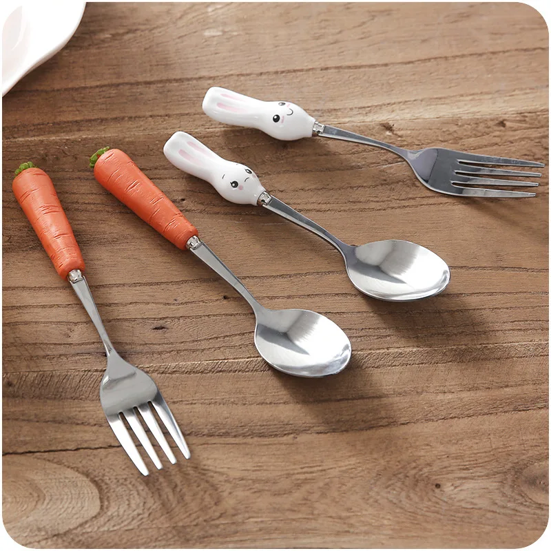 Набор столовых приборов Cartoon Stainless Steel Spoon Fork Cutlery Set Cute Children Tableware Rabbit Carrot Sets