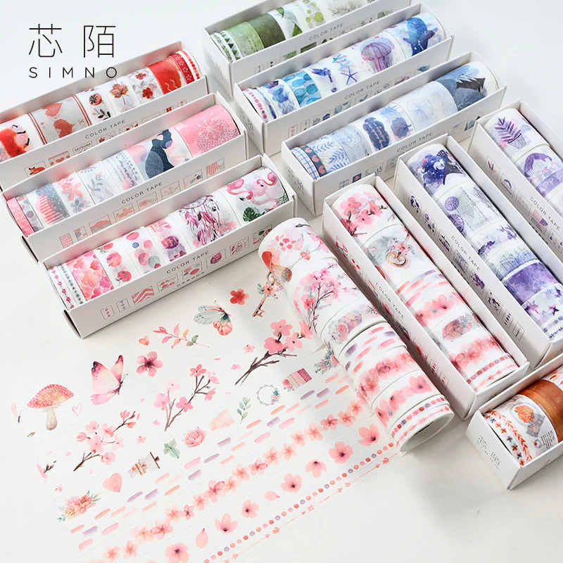 

8pcs/set Adhesive Masking Tape Set for Stars Sky Cherry Blossom Ocean Flamingo Creative Washi Tapes Japanese Decorative Adhesive