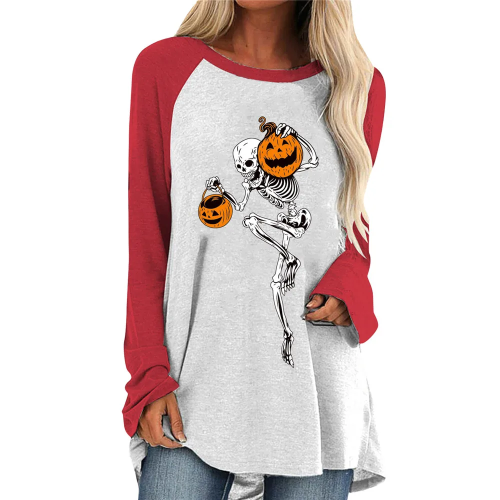 

Футболка женская с круглым вырезом, свободная повседневная рубашка в стиле пэчворк, с контрастными длинными рукавами, с принтом черепа, тык...