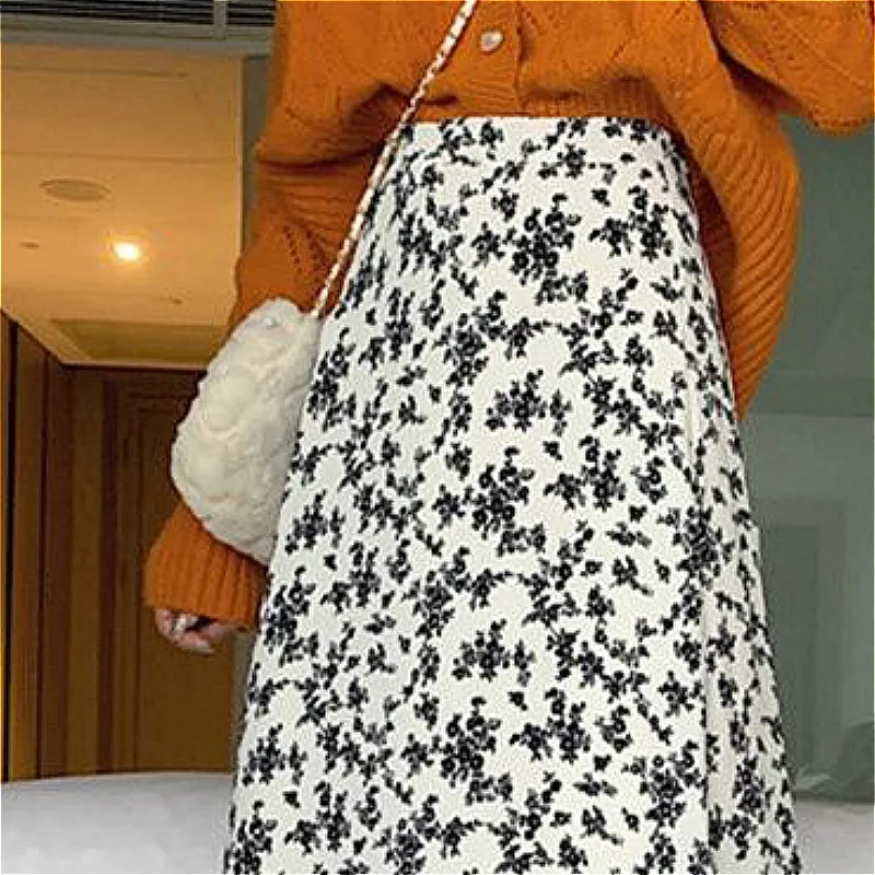 

Skirts Women Trendy Print A-Line Korean Style Elegant All-match Ladies Slim Chic Vintage College Spring Mid-Calf Feminino Retro