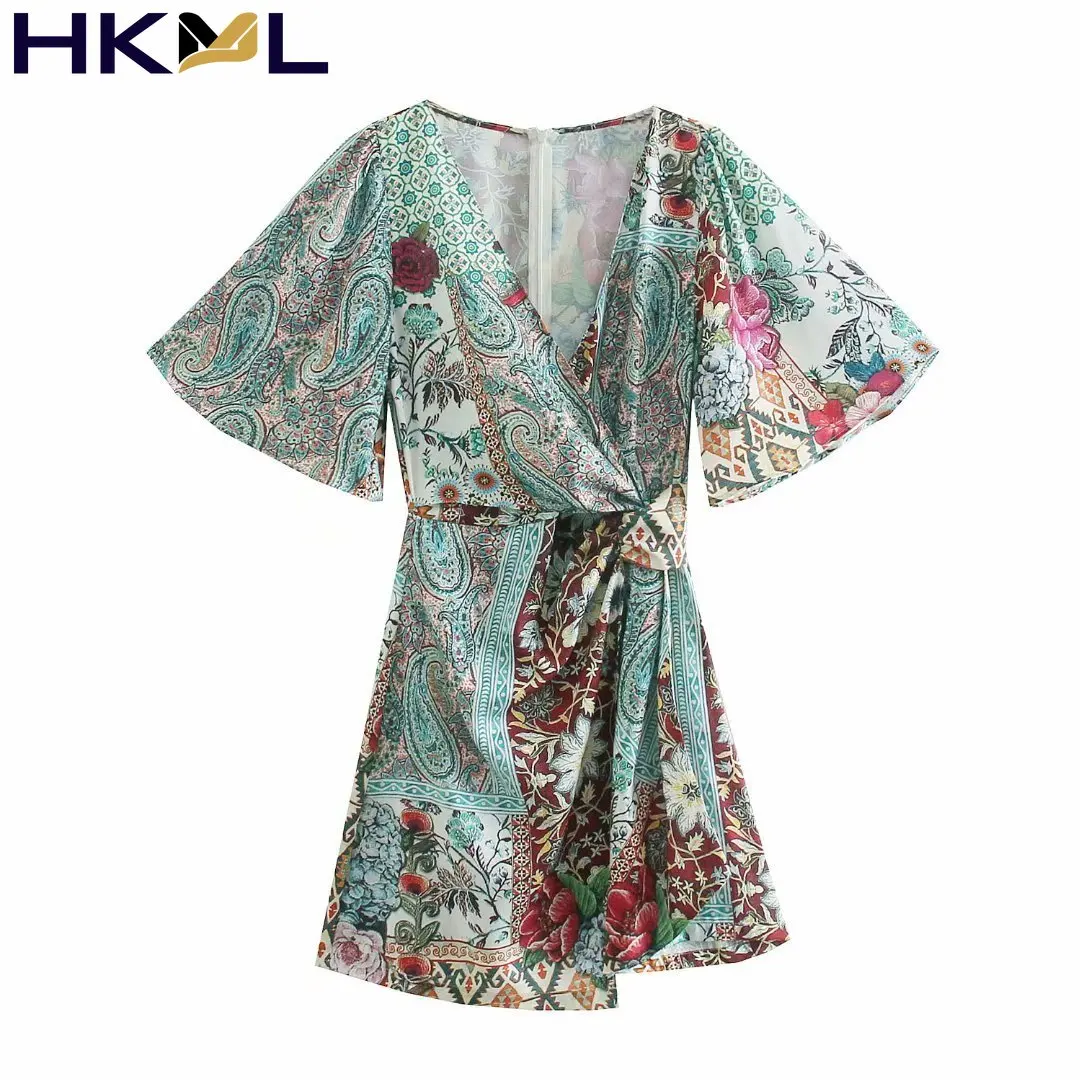 

Women Shirt Dress Vintage Cross Bow Tied Floral Print V Neck Patchwork Slim Kimono Back Zipper Short Sleeve Mini Dress