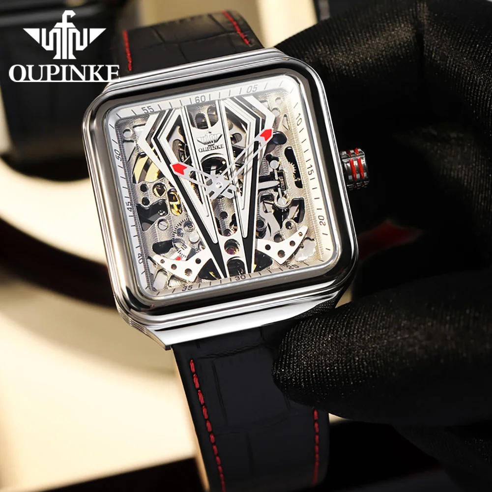 

OUPINKE Automatic Mechanical Men Watch Black Top Brand Luxury Hollow Square Men's Business Watches Waterproof Male Wristwatches