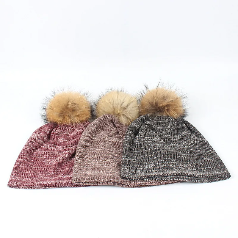 

Women's Beanie Hat Autumn Raccoon Fur Pompom Slouchy Cotton Beanies for Femme Winter Skullies&Beanies with Real Pompom Balls