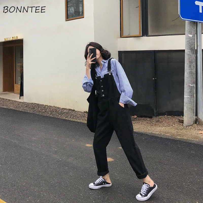 

Женские комбинезоны на весну и осень, однотонный джинсовый комбинезон в Корейском стиле с прямыми пуговицами, Молодежный свободный Универс...