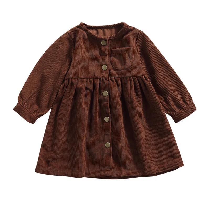 

Повседневное платье для девочек с длинным рукавом, модное однотонное однобортное платье-трапеция с круглым вырезом