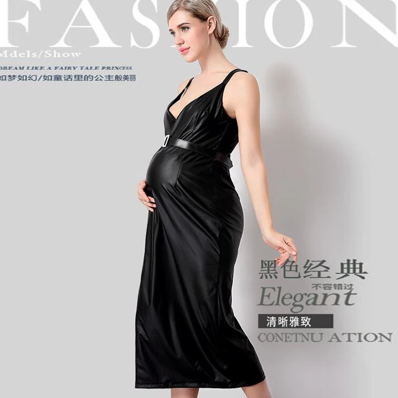 

PU Black V-Neck Gown Stretchy Maternity Dress Maternity Photography Props Pregnancy Dress Photography Pregnancy Clothes Dress