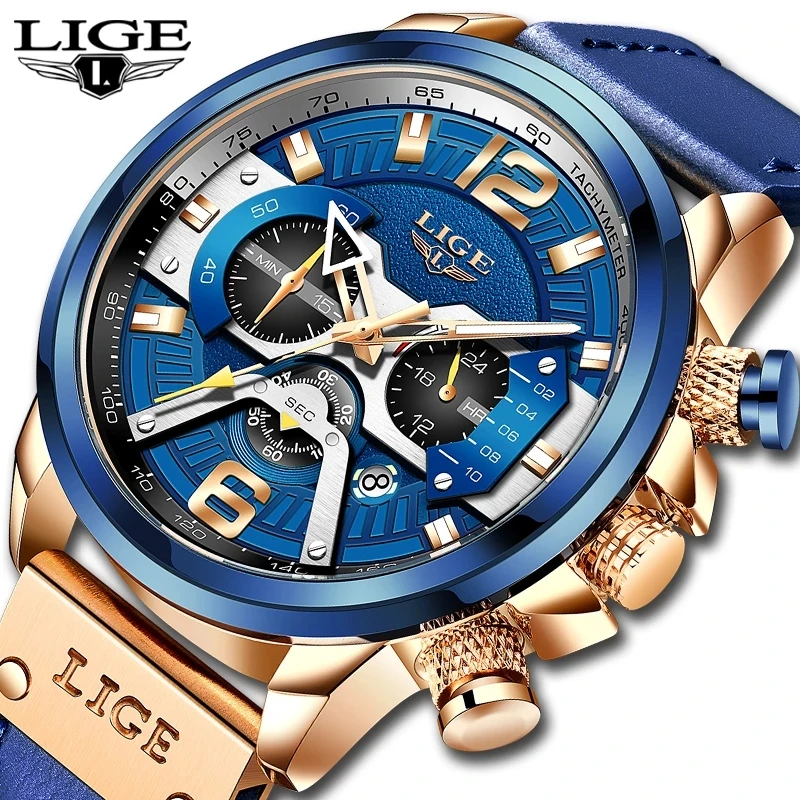 

LIGE 8917 Men Classic Blue Leather Watch Fashion Chronograph Quartz Sports Waterproof Men's Wristwatches Clock Relogio Masculino