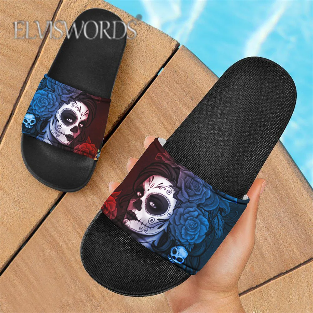 

ELVISWORDS Designer Woman Slippers Halloween Skull Day of Dead Gothic Girls Print Slides Sandals for Couples Fashion Mules Mujer