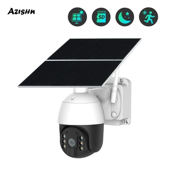 AZISHN 4W Solar CCTV Security Camera 4G 1080 PTZ Support TF Card Color Night Vision Outdoor Waterproof Motion Detection IP Camer
