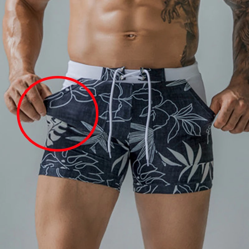 

Men Vintage Print Swimming Trunks Nylon Pocket Liner Bathing Suit Tight Swimsuits Man 2021 Sexy Boxer Shorts Swimwear Beachwear