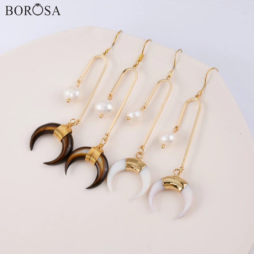 Серьги-подвески BOROSA золотого цвета белая жемчужная раковина длинные женские