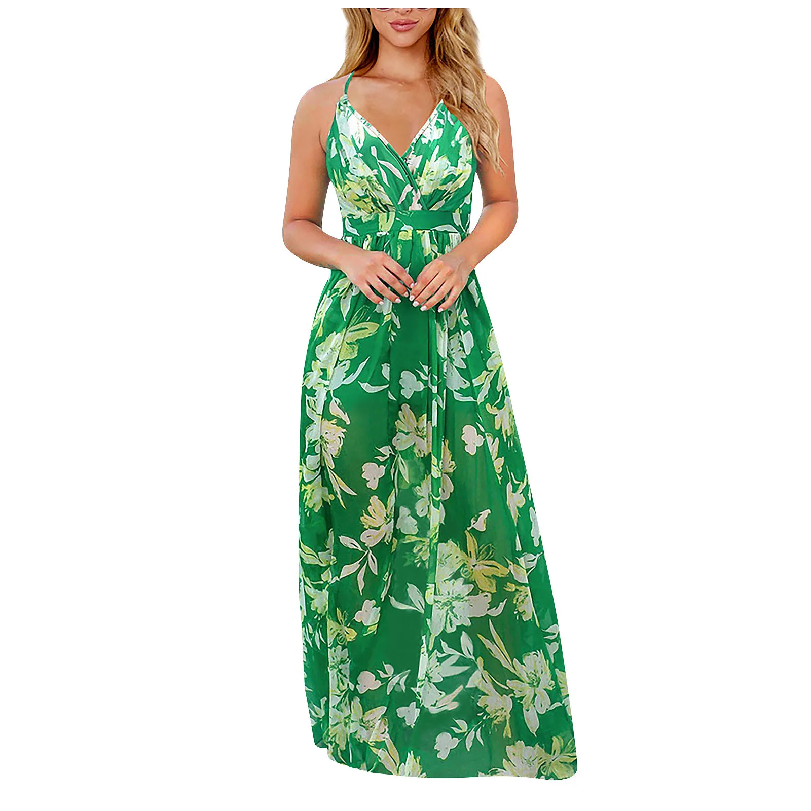

Women Fashion V-neck Floral Print Patchwork Sleeveless Floor-length Dresses Sexy Halter Round Neck Long Dress #sn