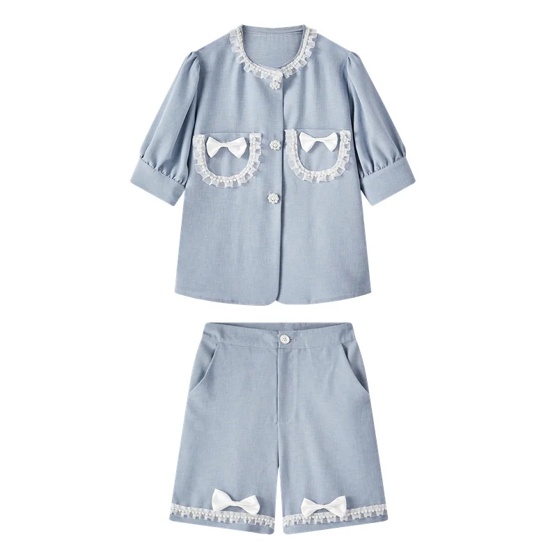 

LANMREM Women's French Suit Pearl Lace Bow Shirt Two Piece High Waist Half Sleeve Shorts Lace Summer 2021 New Arrival 2K1833
