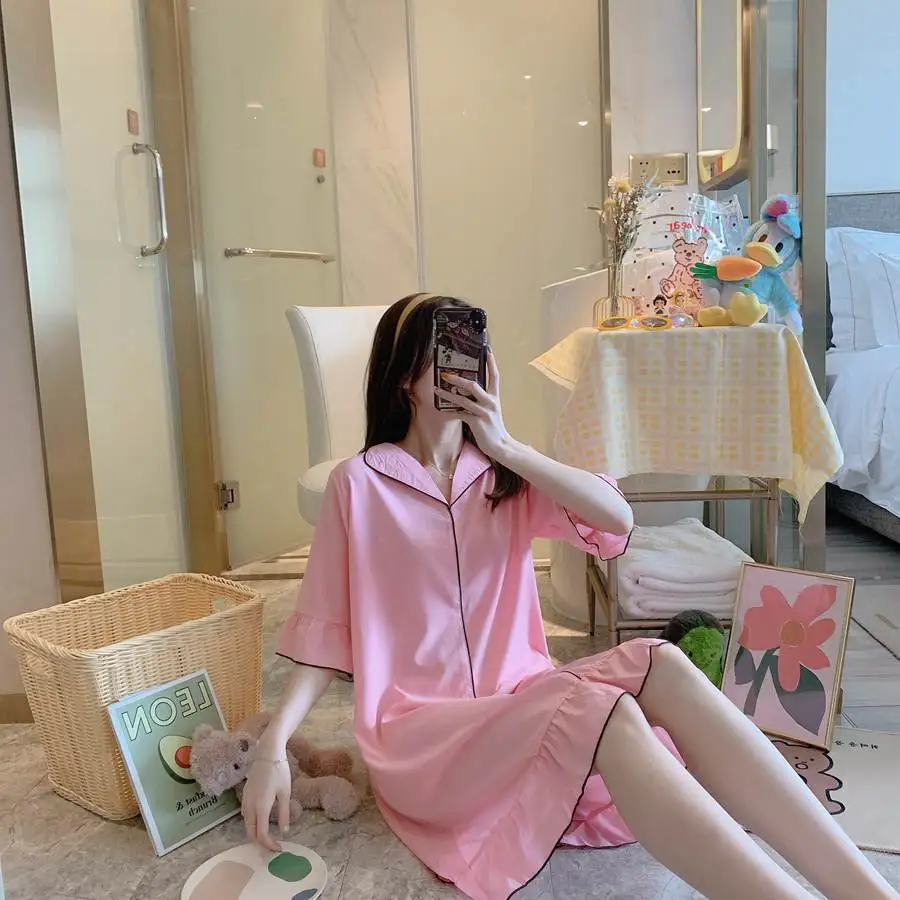 

Nightgowns Sleepshirts Women Summer Turn-down Collar Half Sleeves Korean Style Simple Elegant Leisure High Quality Ruffles Cute