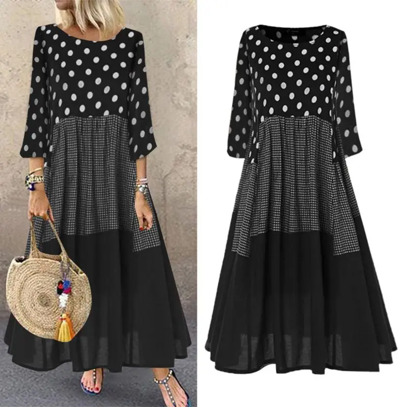 

Women 2021 Autumn Casual Baggy Polka Dot Plaid & Check Print Dress Round Neck Long Sleeve Maxi Dress Long Vestidos