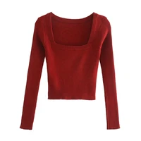 blsqr vintage square neck women sweater red long sleeve female knitted sweater elasticity ladies pullover jumper