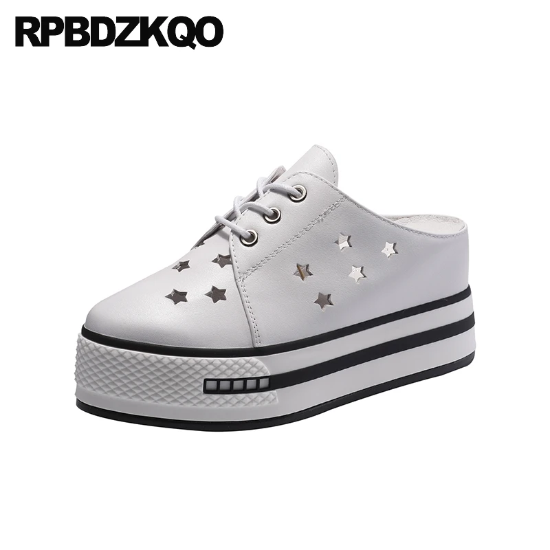 

Creepers Platform Shoes Women Hollow Out Wedge Thick Sole Breathable Elevator White Muffin Round Toe Sneakers Mules Trainers