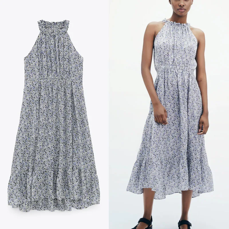 

Za 2021 Цветочный принт летнее платье на бретельках для женщин без рукавов с эластичной резинкой на талии со складками вечерние платья для жен...