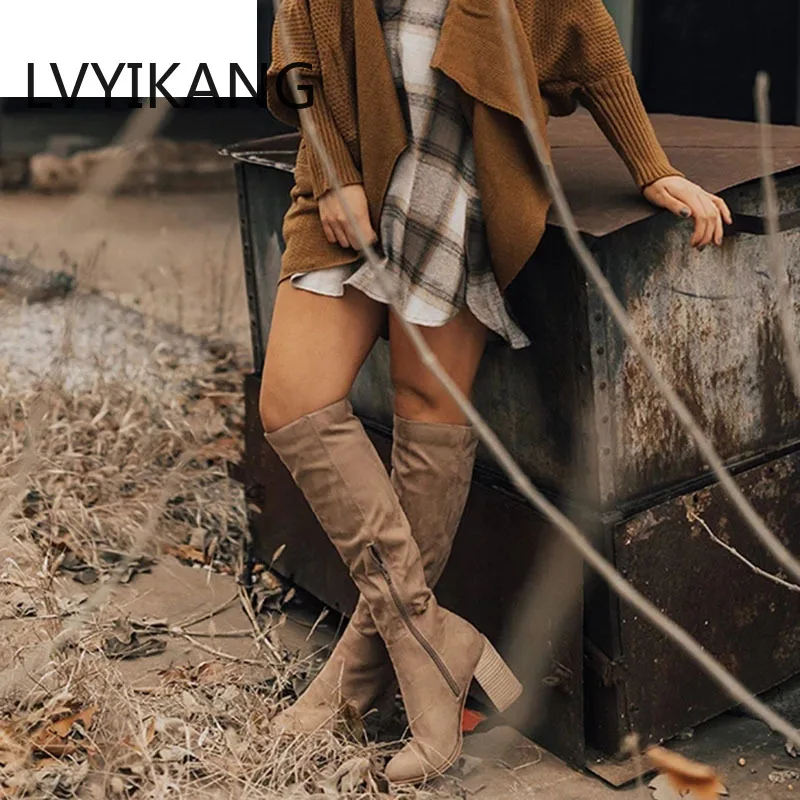 Женские сапоги на шнуровке теплые зимние до колена высоком каблуке Размеры 35-43 2019